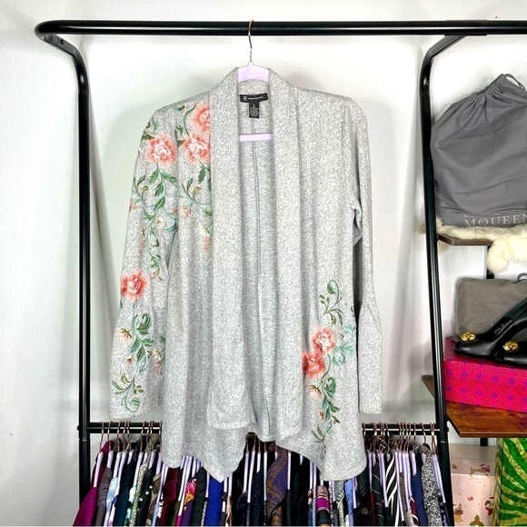 INC International Concepts Gray Embroidered Pink Floral Bell Sleeve Open Duster - Picture 1 of 5